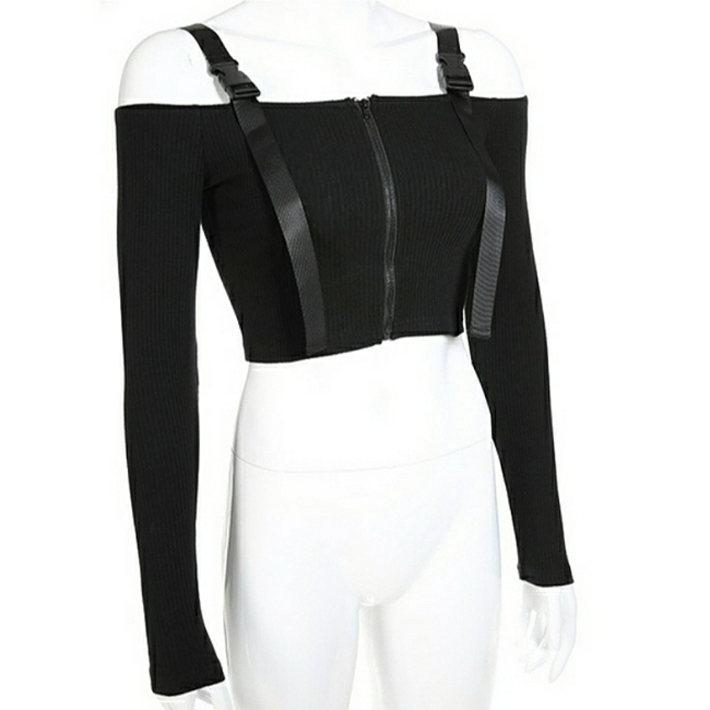 Black Cold Shoulder Ribbed Knitted Crop Top Long Sleeve Streetwear - Picture 8 of 15